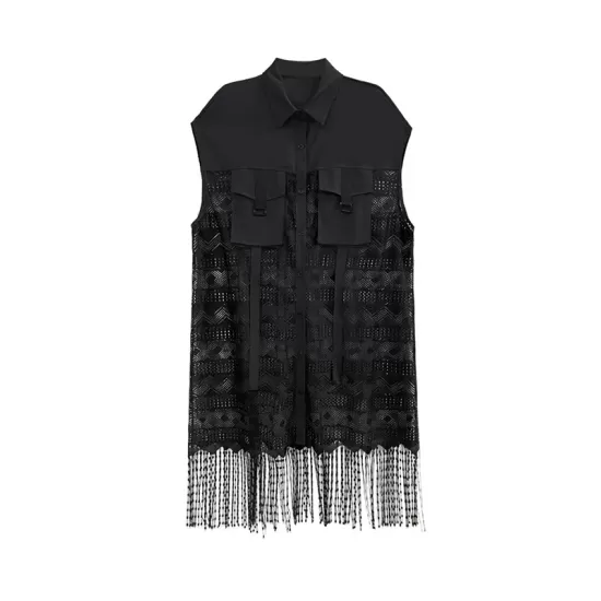 Sleeveless See-Through Split-Joint Tasseled Lapel Lace Midi Dresses Sleeveless See-Through Split-Joint Tasseled Lapel Lace Midi Dresses