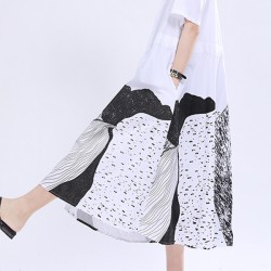 Contrast Color Drawstring Printed Tied Waist Loose Short Sleeves Lapel Shirt Dress Midi Dresses