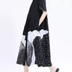 Contrast Color Drawstring Printed Tied Waist Loose Short Sleeves Lapel Shirt Dress Midi Dresses