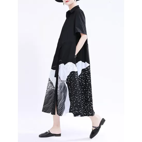 Contrast Color Drawstring Printed Tied Waist Loose Short Sleeves Lapel Shirt Dress Midi Dresses Contrast Color Drawstring Printed Tied Waist Loose Short Sleeves Lapel Shirt Dress Midi Dresses
