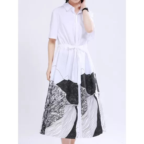 Contrast Color Drawstring Printed Tied Waist Loose Short Sleeves Lapel Shirt Dress Midi Dresses Contrast Color Drawstring Printed Tied Waist Loose Short Sleeves Lapel Shirt Dress Midi Dresses