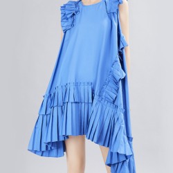 Asymmetric Pleated Solid Color Split-Joint Flying Sleeves Loose Round-Neck Midi Dresses