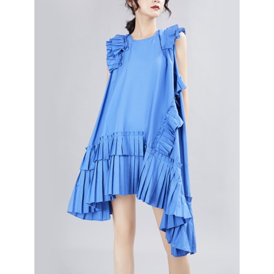Asymmetric Pleated Solid Color Split-Joint Flying Sleeves Loose Round-Neck Midi Dresses Asymmetric Pleated Solid Color Split-Joint Flying Sleeves Loose Round-Neck Midi Dresses