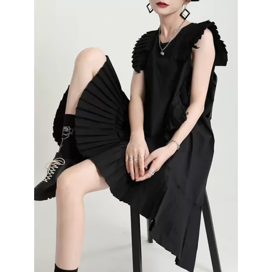 Asymmetric Pleated Solid Color Split-Joint Flying Sleeves Loose Round-Neck Midi Dresses Asymmetric Pleated Solid Color Split-Joint Flying Sleeves Loose Round-Neck Midi Dresses