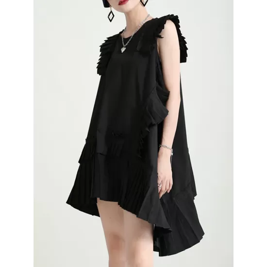 Asymmetric Pleated Solid Color Split-Joint Flying Sleeves Loose Round-Neck Midi Dresses Asymmetric Pleated Solid Color Split-Joint Flying Sleeves Loose Round-Neck Midi Dresses