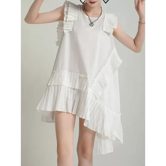 Asymmetric Pleated Solid Color Split-Joint Flying Sleeves Loose Round-Neck Midi Dresses Asymmetric Pleated Solid Color Split-Joint Flying Sleeves Loose Round-Neck Midi Dresses