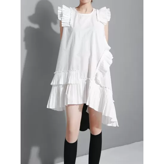 Asymmetric Pleated Solid Color Split-Joint Flying Sleeves Loose Round-Neck Midi Dresses Asymmetric Pleated Solid Color Split-Joint Flying Sleeves Loose Round-Neck Midi Dresses