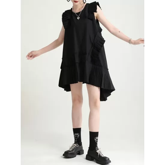 Asymmetric Pleated Solid Color Split-Joint Flying Sleeves Loose Round-Neck Midi Dresses Asymmetric Pleated Solid Color Split-Joint Flying Sleeves Loose Round-Neck Midi Dresses