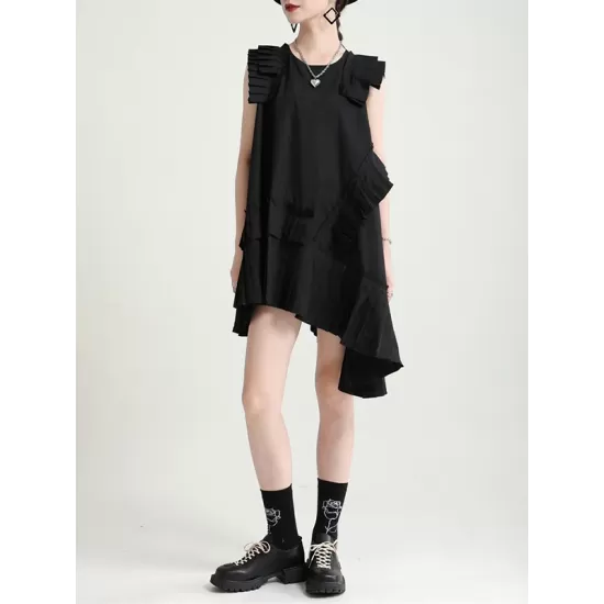 Asymmetric Pleated Solid Color Split-Joint Flying Sleeves Loose Round-Neck Midi Dresses Asymmetric Pleated Solid Color Split-Joint Flying Sleeves Loose Round-Neck Midi Dresses