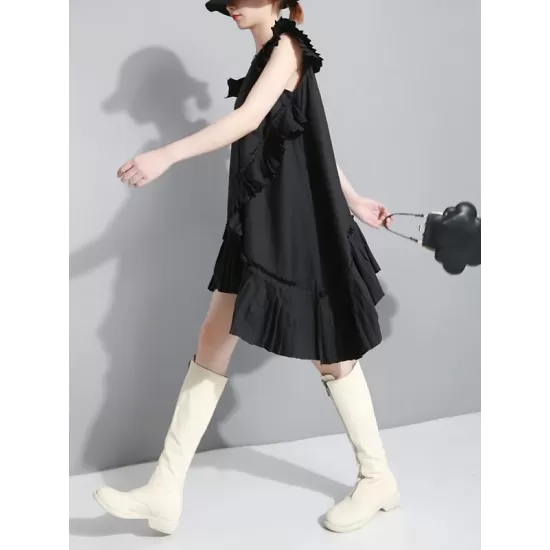 Asymmetric Pleated Solid Color Split-Joint Flying Sleeves Loose Round-Neck Midi Dresses Asymmetric Pleated Solid Color Split-Joint Flying Sleeves Loose Round-Neck Midi Dresses