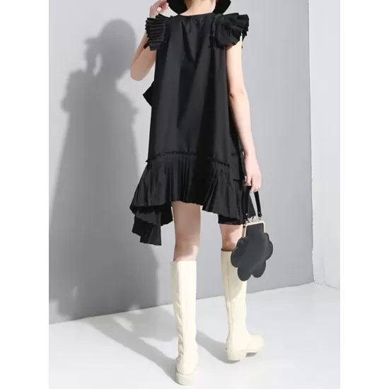 Asymmetric Pleated Solid Color Split-Joint Flying Sleeves Loose Round-Neck Midi Dresses Asymmetric Pleated Solid Color Split-Joint Flying Sleeves Loose Round-Neck Midi Dresses