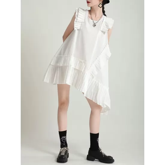 Asymmetric Pleated Solid Color Split-Joint Flying Sleeves Loose Round-Neck Midi Dresses Asymmetric Pleated Solid Color Split-Joint Flying Sleeves Loose Round-Neck Midi Dresses