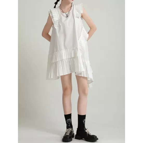Asymmetric Pleated Solid Color Split-Joint Flying Sleeves Loose Round-Neck Midi Dresses Asymmetric Pleated Solid Color Split-Joint Flying Sleeves Loose Round-Neck Midi Dresses