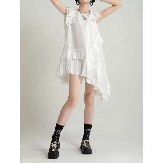 Asymmetric Pleated Solid Color Split-Joint Flying Sleeves Loose Round-Neck Midi Dresses Asymmetric Pleated Solid Color Split-Joint Flying Sleeves Loose Round-Neck Midi Dresses