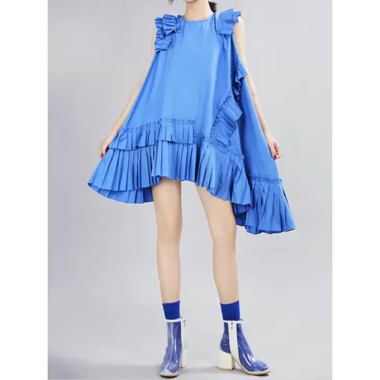 Asymmetric Pleated Solid Color Split-Joint Flying Sleeves Loose Round-Neck Midi Dresses Asymmetric Pleated Solid Color Split-Joint Flying Sleeves Loose Round-Neck Midi Dresses