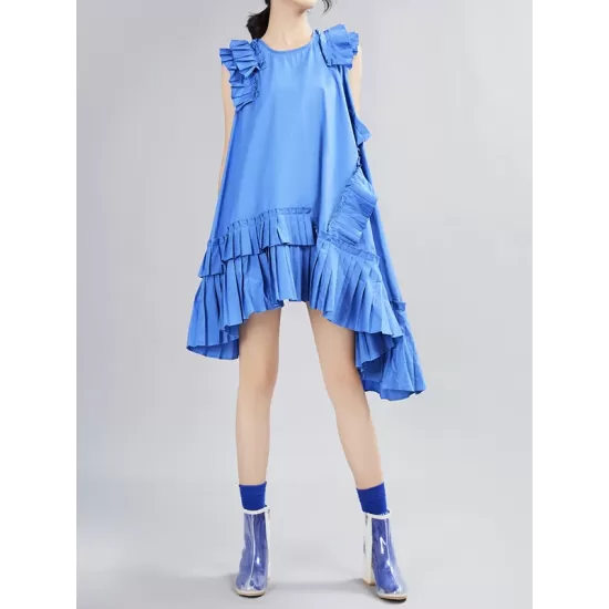 Asymmetric Pleated Solid Color Split-Joint Flying Sleeves Loose Round-Neck Midi Dresses Asymmetric Pleated Solid Color Split-Joint Flying Sleeves Loose Round-Neck Midi Dresses