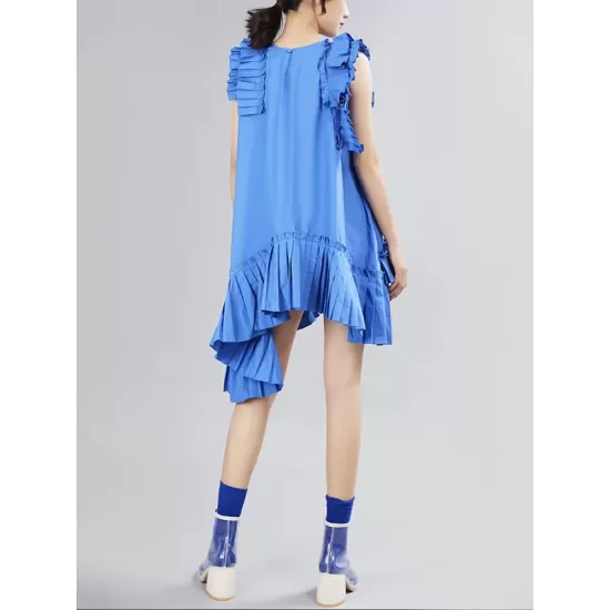 Asymmetric Pleated Solid Color Split-Joint Flying Sleeves Loose Round-Neck Midi Dresses Asymmetric Pleated Solid Color Split-Joint Flying Sleeves Loose Round-Neck Midi Dresses