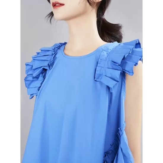 Asymmetric Pleated Solid Color Split-Joint Flying Sleeves Loose Round-Neck Midi Dresses Asymmetric Pleated Solid Color Split-Joint Flying Sleeves Loose Round-Neck Midi Dresses