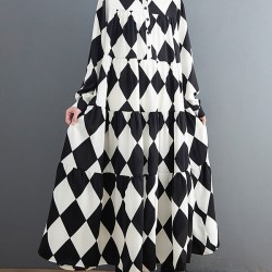 Buttoned Plaid A-Line Long Sleeves Polo Midi Dresses