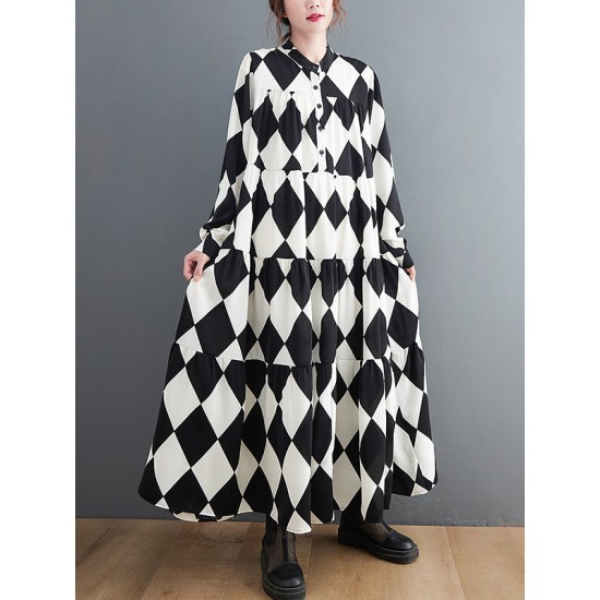 Buttoned Plaid A-Line Long Sleeves Polo Midi Dresses Buttoned Plaid A-Line Long Sleeves Polo Midi Dresses