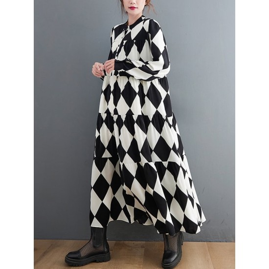 Buttoned Plaid A-Line Long Sleeves Polo Midi Dresses Buttoned Plaid A-Line Long Sleeves Polo Midi Dresses
