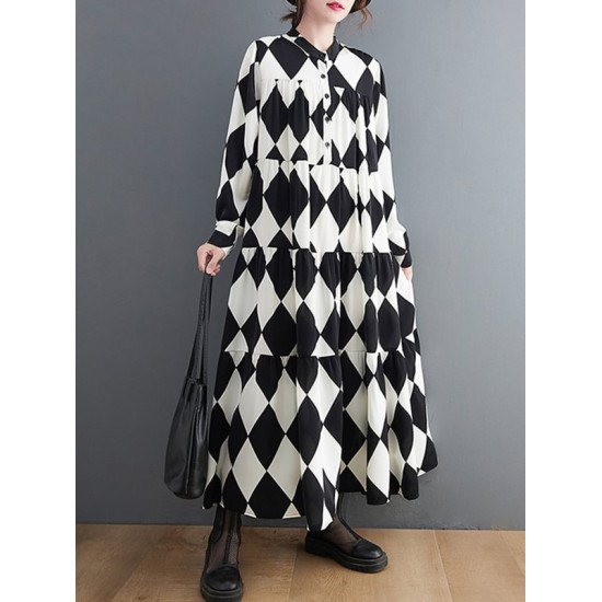 Buttoned Plaid A-Line Long Sleeves Polo Midi Dresses Buttoned Plaid A-Line Long Sleeves Polo Midi Dresses