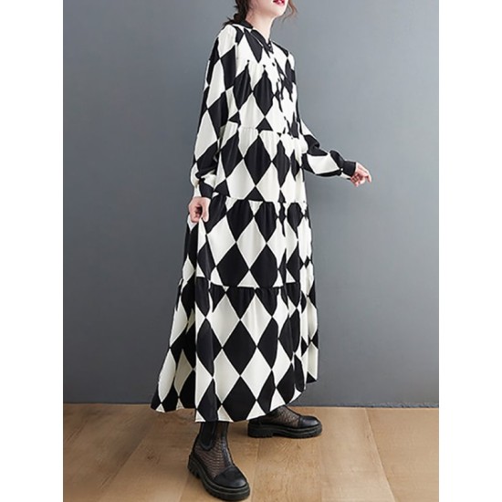 Buttoned Plaid A-Line Long Sleeves Polo Midi Dresses Buttoned Plaid A-Line Long Sleeves Polo Midi Dresses