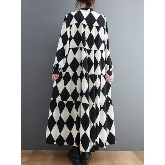 Buttoned Plaid A-Line Long Sleeves Polo Midi Dresses Buttoned Plaid A-Line Long Sleeves Polo Midi Dresses