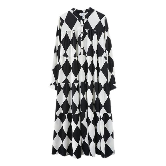 Buttoned Plaid A-Line Long Sleeves Polo Midi Dresses Buttoned Plaid A-Line Long Sleeves Polo Midi Dresses