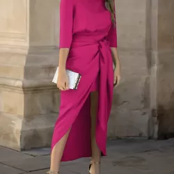 Bandage Solid Color Split-Side Loose Round-Neck Midi Dresses