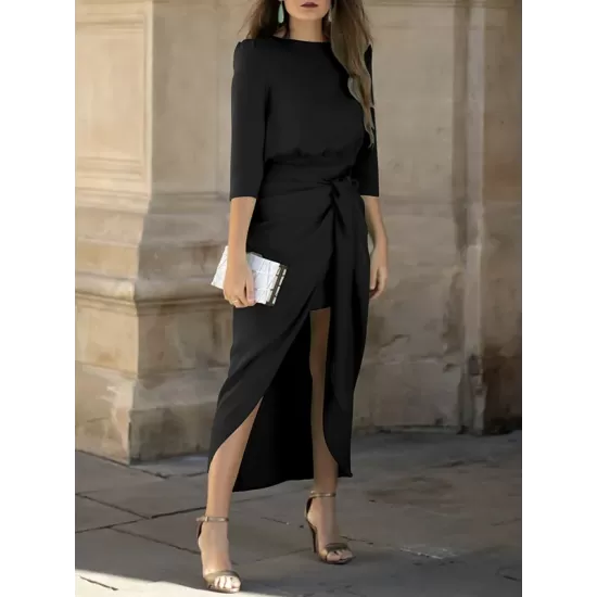 Bandage Solid Color Split-Side Loose Round-Neck Midi Dresses Bandage Solid Color Split-Side Loose Round-Neck Midi Dresses
