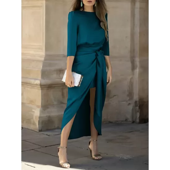 Bandage Solid Color Split-Side Loose Round-Neck Midi Dresses Bandage Solid Color Split-Side Loose Round-Neck Midi Dresses