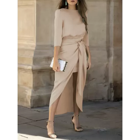 Bandage Solid Color Split-Side Loose Round-Neck Midi Dresses Bandage Solid Color Split-Side Loose Round-Neck Midi Dresses