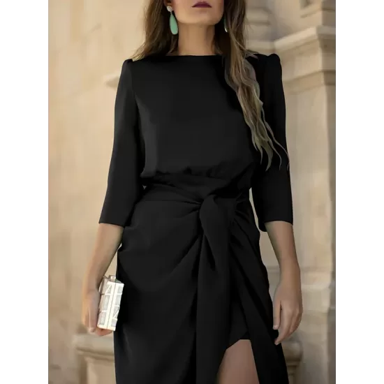 Bandage Solid Color Split-Side Loose Round-Neck Midi Dresses Bandage Solid Color Split-Side Loose Round-Neck Midi Dresses