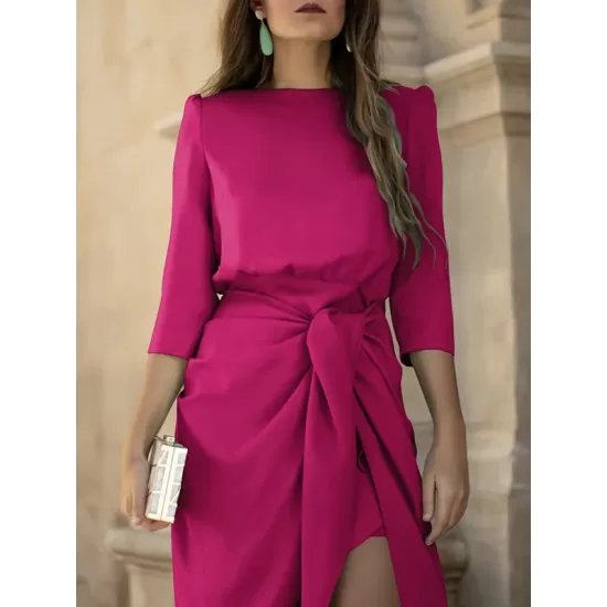 Bandage Solid Color Split-Side Loose Round-Neck Midi Dresses Bandage Solid Color Split-Side Loose Round-Neck Midi Dresses