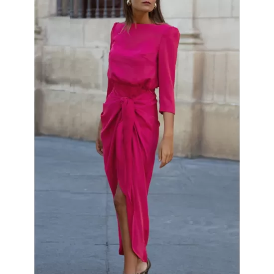 Bandage Solid Color Split-Side Loose Round-Neck Midi Dresses Bandage Solid Color Split-Side Loose Round-Neck Midi Dresses