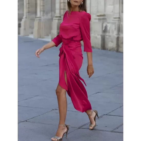 Bandage Solid Color Split-Side Loose Round-Neck Midi Dresses Bandage Solid Color Split-Side Loose Round-Neck Midi Dresses