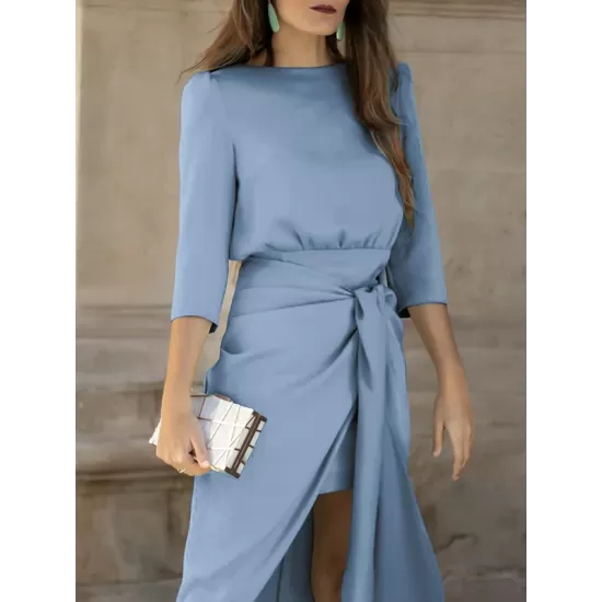 Bandage Solid Color Split-Side Loose Round-Neck Midi Dresses Bandage Solid Color Split-Side Loose Round-Neck Midi Dresses