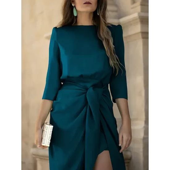 Bandage Solid Color Split-Side Loose Round-Neck Midi Dresses Bandage Solid Color Split-Side Loose Round-Neck Midi Dresses