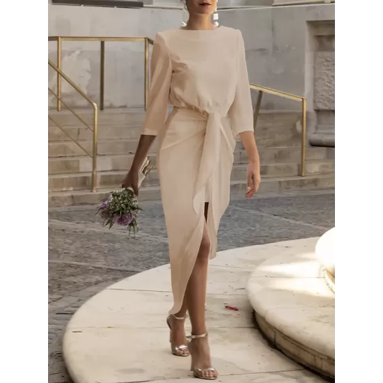 Bandage Solid Color Split-Side Loose Round-Neck Midi Dresses Bandage Solid Color Split-Side Loose Round-Neck Midi Dresses
