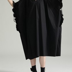 Drawstring Falbala Pleated Solid Color Batwing Sleeves Loose V-Neck Shirt Dress Midi Dresses