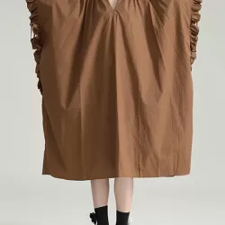Drawstring Falbala Pleated Solid Color Batwing Sleeves Loose V-Neck Shirt Dress Midi Dresses