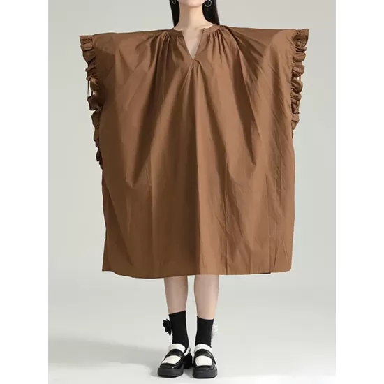 Drawstring Falbala Pleated Solid Color Batwing Sleeves Loose V-Neck Shirt Dress Midi Dresses Drawstring Falbala Pleated Solid Color Batwing Sleeves Loose V-Neck Shirt Dress Midi Dresses