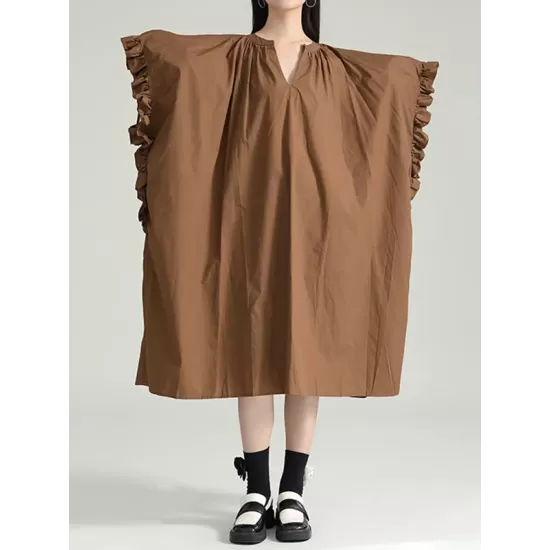 Drawstring Falbala Pleated Solid Color Batwing Sleeves Loose V-Neck Shirt Dress Midi Dresses Drawstring Falbala Pleated Solid Color Batwing Sleeves Loose V-Neck Shirt Dress Midi Dresses
