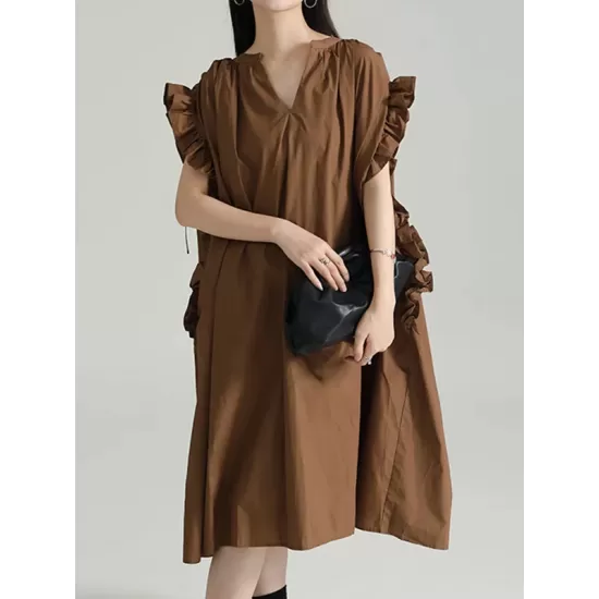 Drawstring Falbala Pleated Solid Color Batwing Sleeves Loose V-Neck Shirt Dress Midi Dresses Drawstring Falbala Pleated Solid Color Batwing Sleeves Loose V-Neck Shirt Dress Midi Dresses