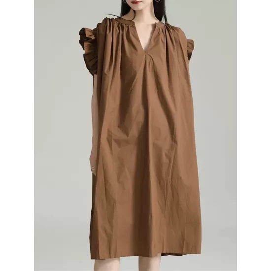 Drawstring Falbala Pleated Solid Color Batwing Sleeves Loose V-Neck Shirt Dress Midi Dresses Drawstring Falbala Pleated Solid Color Batwing Sleeves Loose V-Neck Shirt Dress Midi Dresses