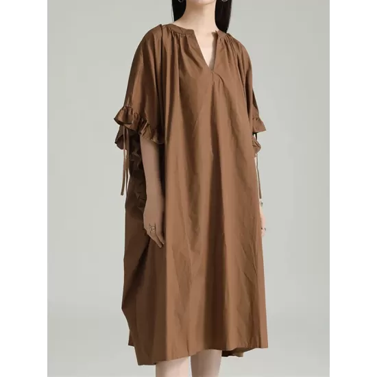 Drawstring Falbala Pleated Solid Color Batwing Sleeves Loose V-Neck Shirt Dress Midi Dresses Drawstring Falbala Pleated Solid Color Batwing Sleeves Loose V-Neck Shirt Dress Midi Dresses