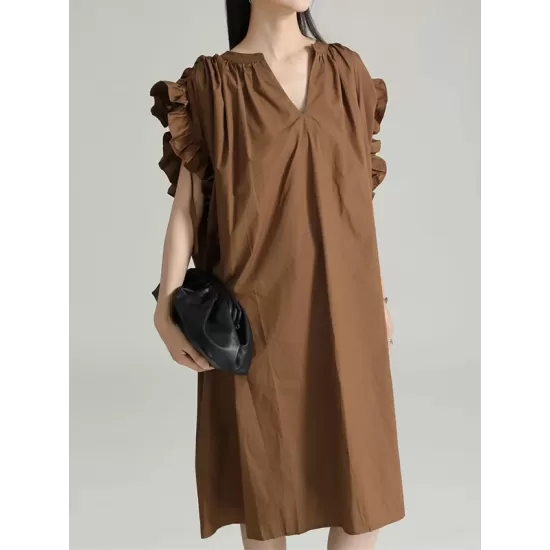 Drawstring Falbala Pleated Solid Color Batwing Sleeves Loose V-Neck Shirt Dress Midi Dresses Drawstring Falbala Pleated Solid Color Batwing Sleeves Loose V-Neck Shirt Dress Midi Dresses