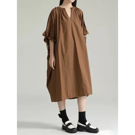 Drawstring Falbala Pleated Solid Color Batwing Sleeves Loose V-Neck Shirt Dress Midi Dresses Drawstring Falbala Pleated Solid Color Batwing Sleeves Loose V-Neck Shirt Dress Midi Dresses