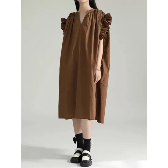 Drawstring Falbala Pleated Solid Color Batwing Sleeves Loose V-Neck Shirt Dress Midi Dresses Drawstring Falbala Pleated Solid Color Batwing Sleeves Loose V-Neck Shirt Dress Midi Dresses